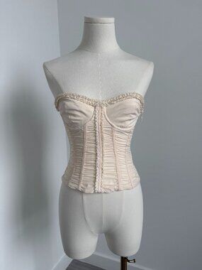 OH POLLY Satin Corset Top Strapless Lace Trim Ruched Bustier